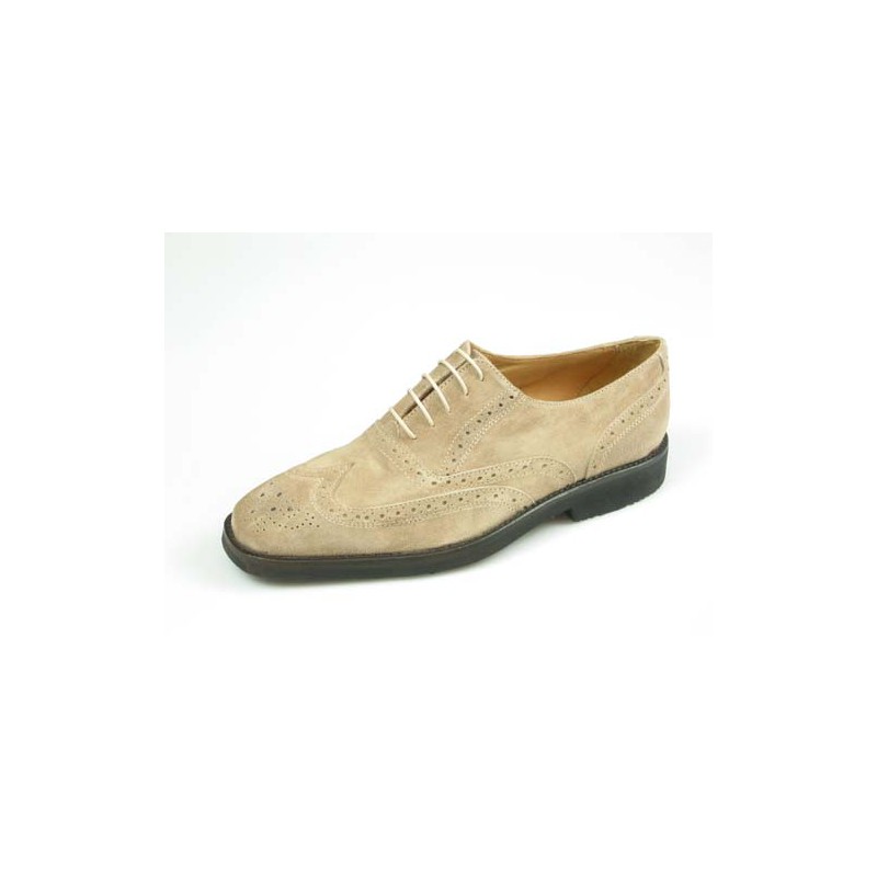 Men's laced Oxford shoe with Brogue decorations in sand beige suede - Available sizes:  41, 45, 52, 54