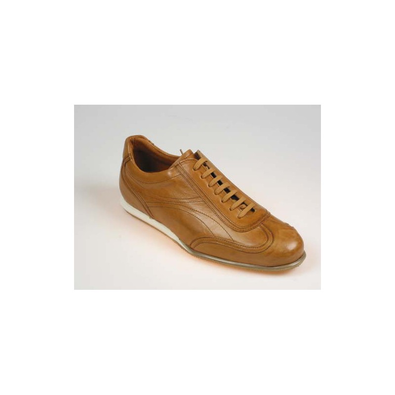 Men's sports shoe with laces in tan brown leather - Available sizes:  40