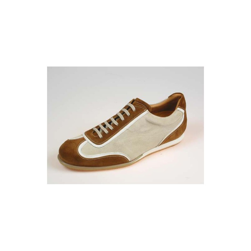 Sportlicher Herrenfreizeitschuh mit Schnürsenkel aus tabakbraunem und beigem Wildleder - Verfügbare Größen:  40, 41