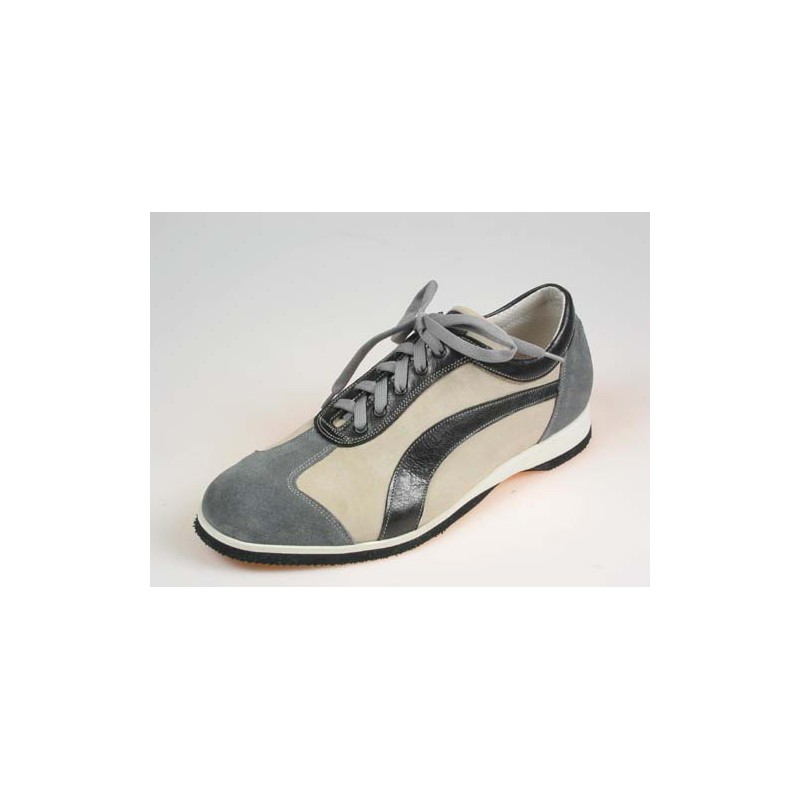 Men's laced sports shoe in grey and beige suede and blue leather - Available sizes:  36