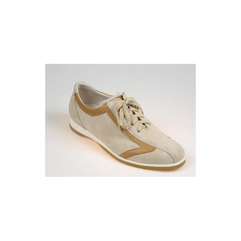 Men's laced sports shoe in beige suede and tan brown leather - Available sizes:  36, 40