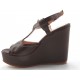 Sandalo zeppa in pelle marrone scuro -  