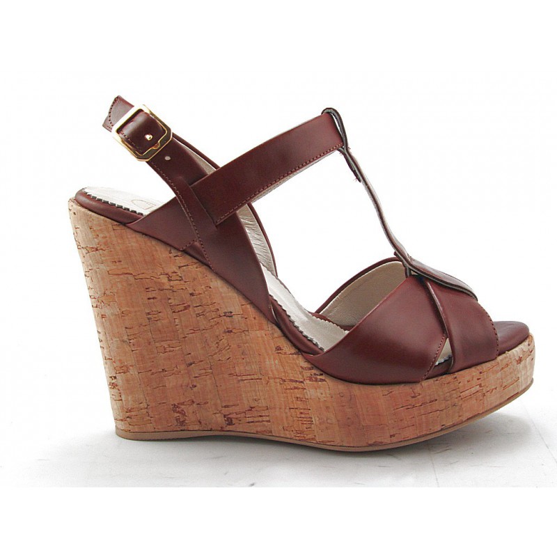 Sandalo comfort zeppa in sughero in pelle cuoio -  