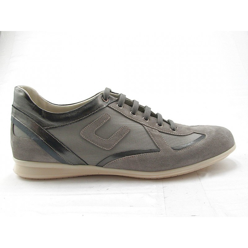 Chaussure à lacets pour hommes en daim beige sable, cuir gris et tissu - Pointures disponibles:  36, 37