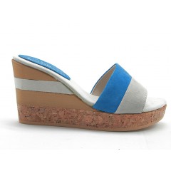 Sabot aperto con zeppa in sughero in camoscio grigio+bluette -  