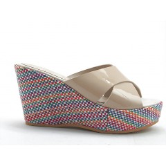 Open sabot with multicolor wedge in beige patent leather - Available sizes:  42