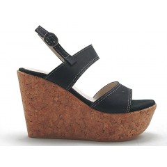 Sandale mit 2 Band und kurken Keilabsatz aus schwarzem Nabukleder - Verfügbare Größen:  42