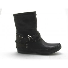 Stiefelette mit Nieten und Schnalle aus schwarzem und braunem Leder Keilabsatz 1 - Verfügbare Größen:  32
