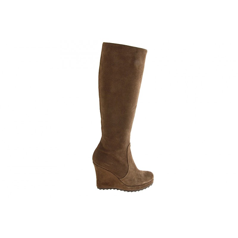 Bota para mujer con cremallera y plataforma en gamuza gris pardo cuña 9 - Tallas disponibles:  42