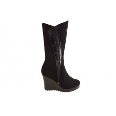 Damenstiefel mit Reißverschluss aus schwarzem Wild-, Lackleder und Leder Keilabsatz 9 - Verfügbare Größen:  42