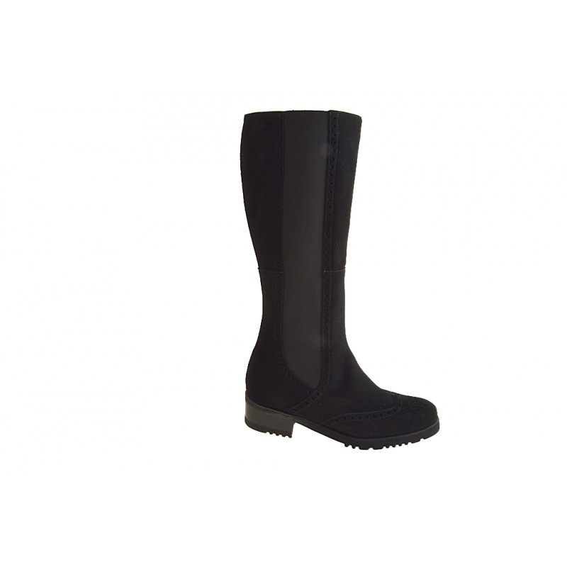 Woman's boot with zipper, wingtip and elastic band in black suede heel 4 - Available sizes:  31, 32