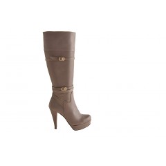 Stivale da donna con cerniera, fibbie e plateau in pelle taupe tacco 10 - Misure disponibili: 42