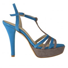 Sandalo con cinturino e plateau in camoscio blu e grigio tacco 11 - Misure disponibili: 42