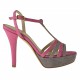 Woman's sandal with strap and platform in fuchsia leather and grey suede heel 11