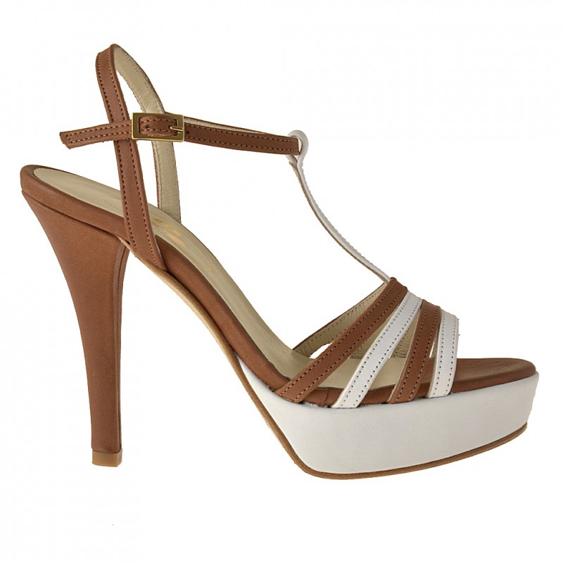Sandalo listini plateau in pelle bianco+cuoio -  
