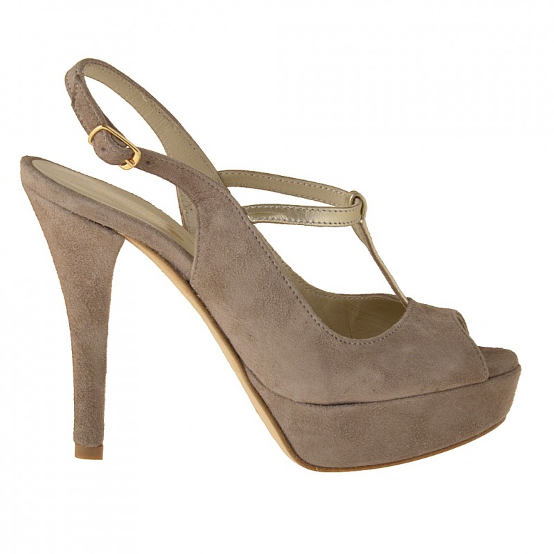 Sandale pour femmes avec plateforme et courroie salomé en daim sable et cuir platine talon 11 - Pointures disponibles:  42