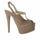 Woman's platform sandal with t-strap in sand-colored suede and platinum leather heel 14
