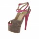 Sandalia de plataforma con cinturon cruzado en gamuza de color arena y piel color fucsia tacon 14 - Tallas disponibles:  42