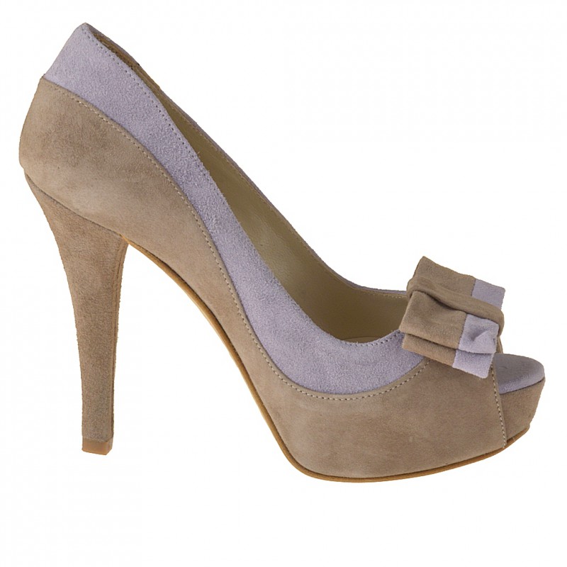 Zapato de salon abierto en punta de plataforma con moño en gamuza de color arena y glicinia tacon 11 - Tallas disponibles:  42