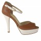 Zapato de slaon abierto de plataforma concinturon al tobillo en piel de color cuero y blanco - Tallas disponibles:  42