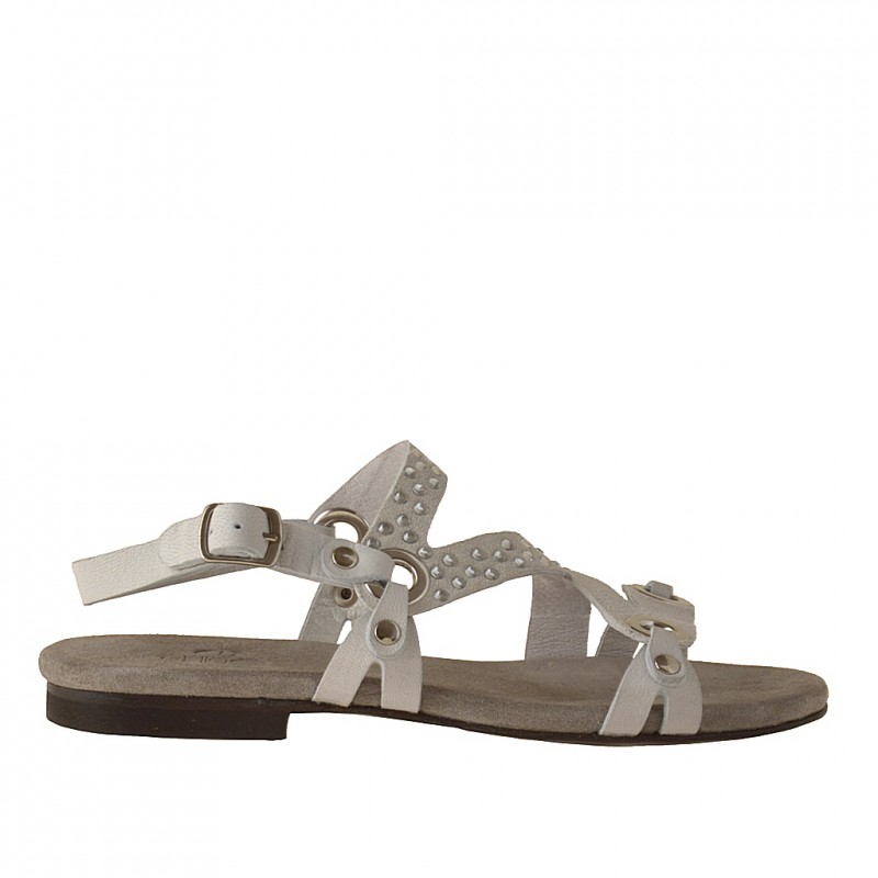 Sandalo da donna con strass in pelle e camoscio bianco tacco 1 - Misure disponibili: 32