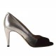 Woman's open toe pump in silver leather and black suede heel 9