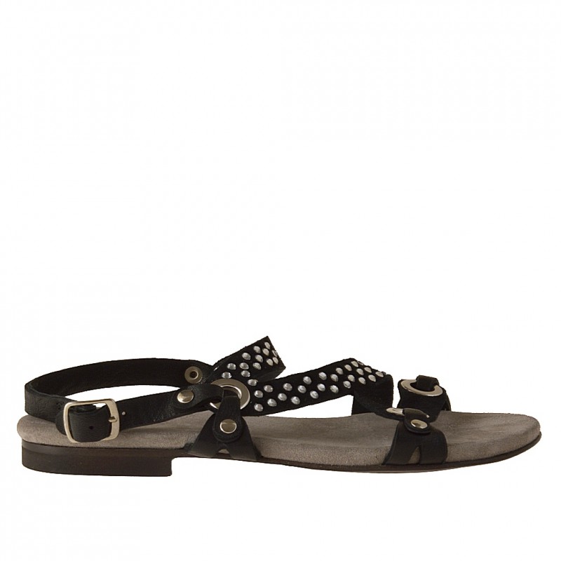 Sandalia con estrases en piel y gamuza de color negro tacon 1 - Tallas disponibles:  32
