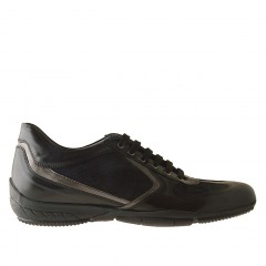 Zapato deportivo con cordones para hombre en piel y gamuza de color negro y piel de color gris metalizado - Tallas disponibles:  47