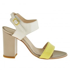 Damen Sandale mit Riem aus gelb, sahne und dunkel beige Lackleder mit Absatz 8 - Verfügbare Größen:  42