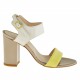 Woman ankle strap sandal in yellow, cream and dark beige patent leather with heel 8
