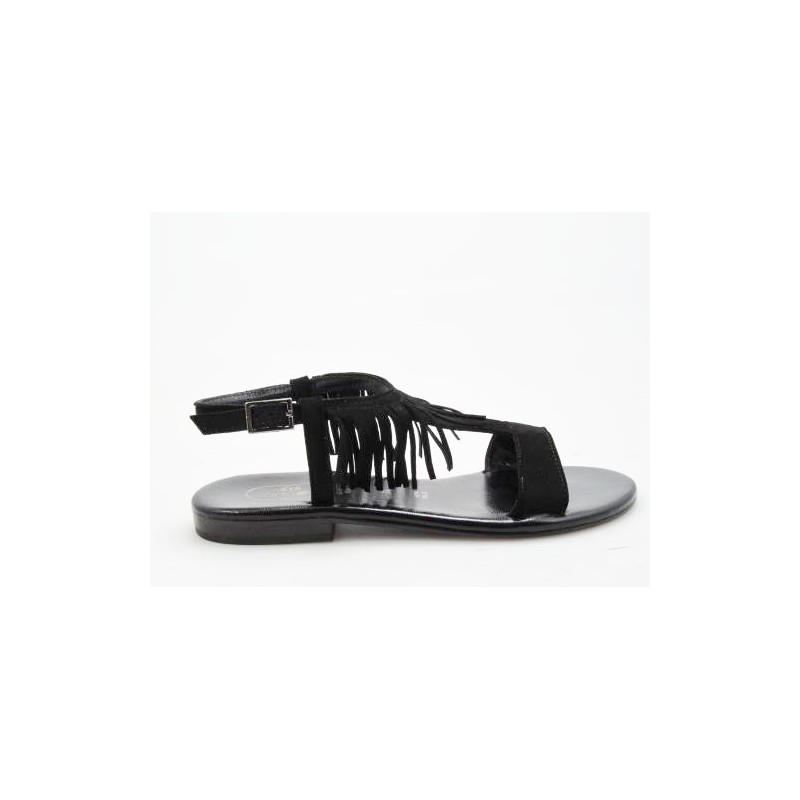 Sandalia con flecos en gamuza negra tacon 1 - Tallas disponibles:  31