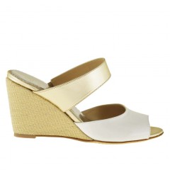Woman comfortable open mules shoes with fabric wedge in white patent leather and platinum leather - Available sizes:  42