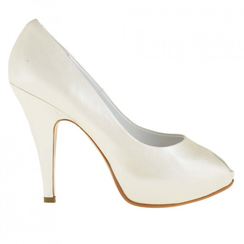 Woman open toe pumps with hidden platform in pearled ivory leatherwith heel 10 - Available sizes:  45, 46