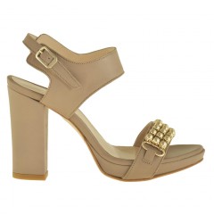Damen Plattform Sandale mit Knöchelriem aus dunkel beige Leder mit Absatz 9 - Verfügbare Größen:  42