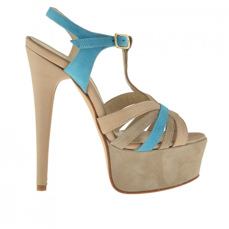 Damen Plattform Sandale mit T-Riem aus beige und helle blau Sämischleder - Verfügbare Größen:  42