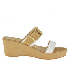 Woman open mules with wedge and platform and buckle in white and beige leather - Available sizes:  42