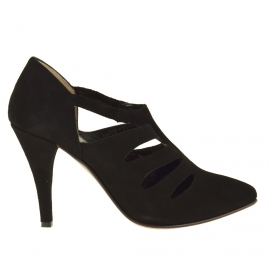 Scarpa da donna accollata con listini ed elastici in camoscio nero tacco 9 - Misure disponibili: 42