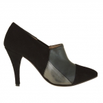 Cheville-haut chaussure à bout pointu en daim noir et cuir noir et gris métal talon 9 - Pointures disponibles:  42, 43