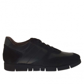 Men's casual shoe with laces in black leather and suede - Available sizes:  37