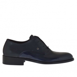 Elegant men's shoes with optional laces in dark blueleather and patent leather - Available sizes:  48, 50