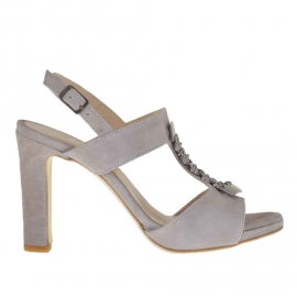 Sandalo da donna con cinturino e applicazioni in metallo color canna di fucile in camoscio grigio tacco 9 - Misure disponibili: 42