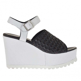 Sandalo da donna con cinturino e elastico nero in pelle nera e bianca zeppa 9 - Misure disponibili: 42