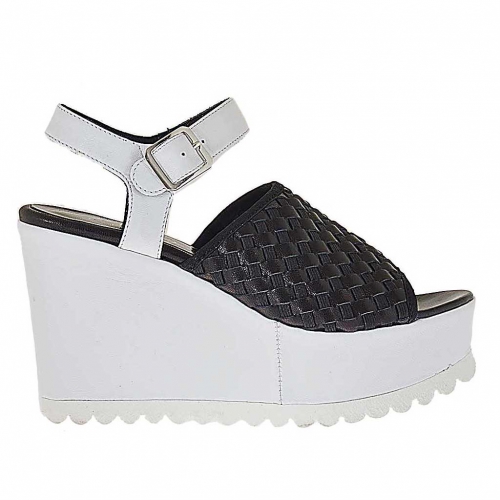 Sandale pour femmes avec bande elastique noir et courroie en cuir noir et blanc talon compensé 9 - Pointures disponibles:  42
