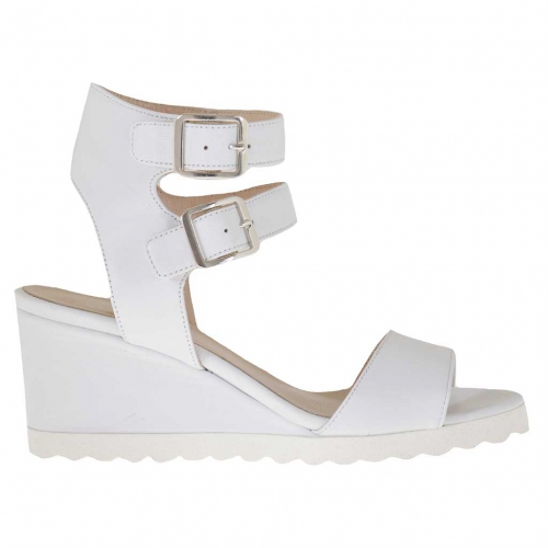 Sandale pour femmes avec double courroie en cuir blanc talon compensé 5 - Pointures disponibles:  42