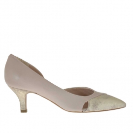 Woman's open shoe with side cut in powder rose leather and platinum lamé heel 5 - Available sizes:  32