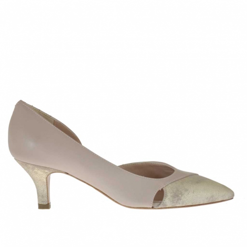 Woman's open shoe with side cut in powder rose leather and platinum lamé heel 5 - Available sizes:  32