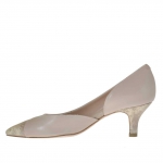 Woman's open shoe with side cut in powder rose leather and platinum lamé heel 5 - Available sizes:  32