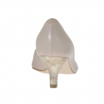 Woman's open shoe with side cut in powder rose leather and platinum lamé heel 5 - Available sizes:  32