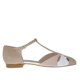 Woman's open shoe with t-strap in powder rose and beige leather and white patent leather - Available sizes:  31