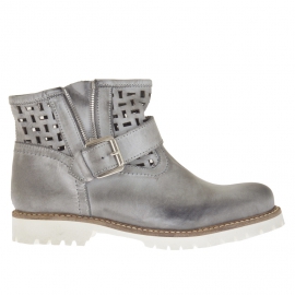 Stivaletto da donna forato con fibbia e cerniera in pelle vintage grigia - Misure disponibili: 32